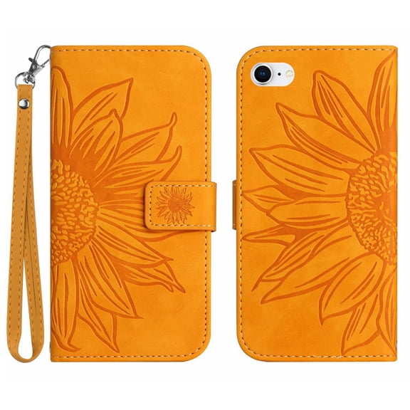 Mantto for iPhone SE 2022 / iPhone SE 2020 / iPhone 8 / iPhone 7 (4.7 inch) Wallet Case with Wrist Strap,Stylish Sunflower Embossed PU Leather Magnetic Flip Stand Card Slots Phone Cover,Yellow