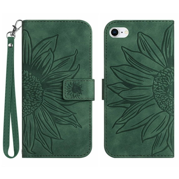 Mantto for iPhone SE 2022 / iPhone SE 2020 / iPhone 8 / iPhone 7 (4.7 inch) Wallet Case with Wrist Strap,Stylish Sunflower Embossed PU Leather Magnetic Flip Stand Card Slots Phone Cover,Green