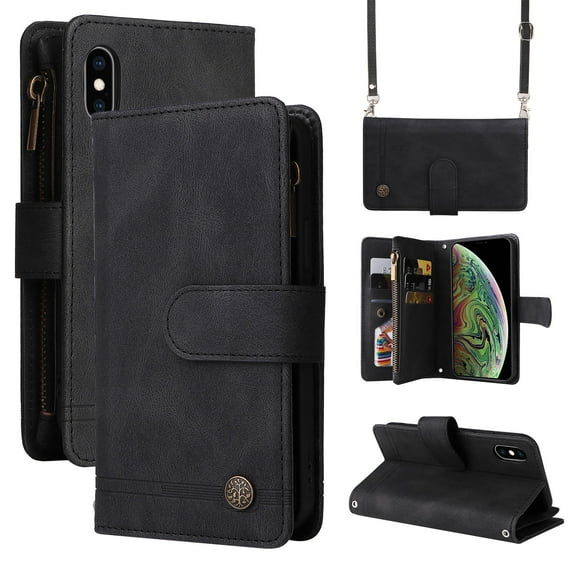 Mantto iPhone X Case, iPhone XS Case, Wallet Card Slot Crossbody/Shoulder Strap + Wristlet Strap Magnetic Flip Premium PU Leather Zipper Pocket With Kickstand For Apple iPhone X / XS,
Black