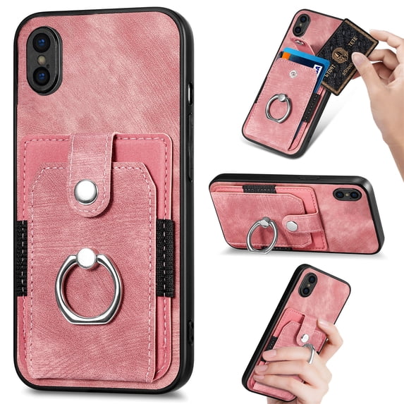 Mantto for iPhone XR Back Wallet Case,with Elastic Card Holder,Shockproof PU Leather 360° Rotation Ring Kickstand Support Magnetic Car Mount Phone Case for Women Men,Pink