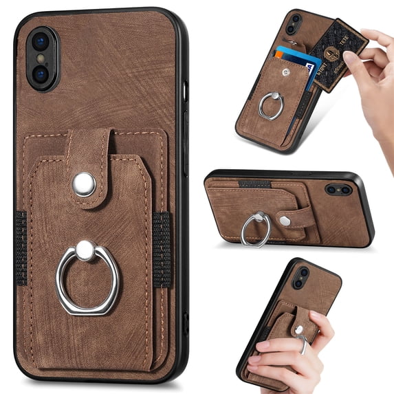 Mantto for iPhone XR Back Wallet Case,with Elastic Card Holder,Shockproof PU Leather 360° Rotation Ring Kickstand Support Magnetic Car Mount Phone Case for Women Men,Brown