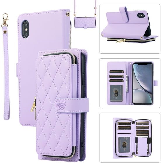 Mantto for iPhone XS/iPhone X Wallet Case,Crossbody Phone Case PU Leather Zipper with Wrist Strap & Shoulder Strap Flip Cover Credit Card Holder Magnetic Shockproof Protective Case,Purple