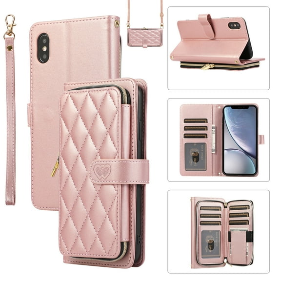 Mantto for iPhone XS/iPhone X Wallet Case,Crossbody Phone Case PU Leather Zipper with Wrist Strap & Shoulder Strap Flip Cover Credit Card Holder Magnetic Shockproof Protective Case,Rosegold