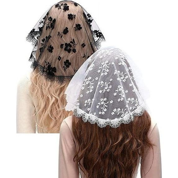 Mantveil 2 Packs Catholic Church Head Covering Floral Lace Mantilla Chapel Cap Veil Round Mass Veil (White+Black)