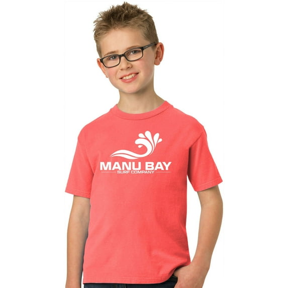 Manu Bay Surf Company Kids WHITE LOGO Surfer Youth T-shirt, Large Neon Coral