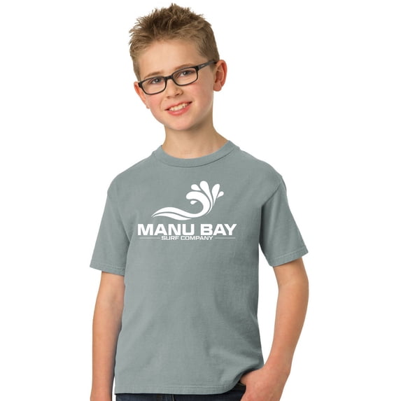 Manu Bay Surf Company Kids WHITE LOGO Surfer Youth T-shirt, Large Pewter