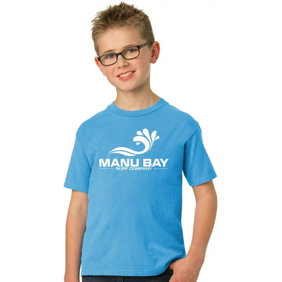 Manu Bay Surf Company Kids WHITE LOGO Surfer Youth T-shirt, XL Blue Moon