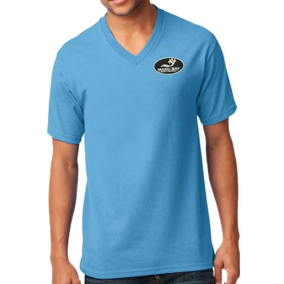 Manu Bay Surf Company LOGO Patch Men's V-neck Tee Shirt, 2XL Aqua Blue