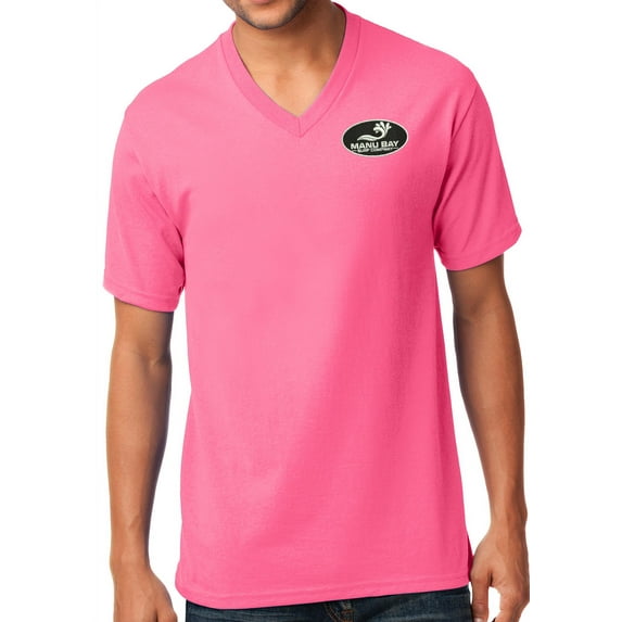 Manu Bay Surf Company LOGO Patch Men's V-neck Tee Shirt, 4XL Neon Pink