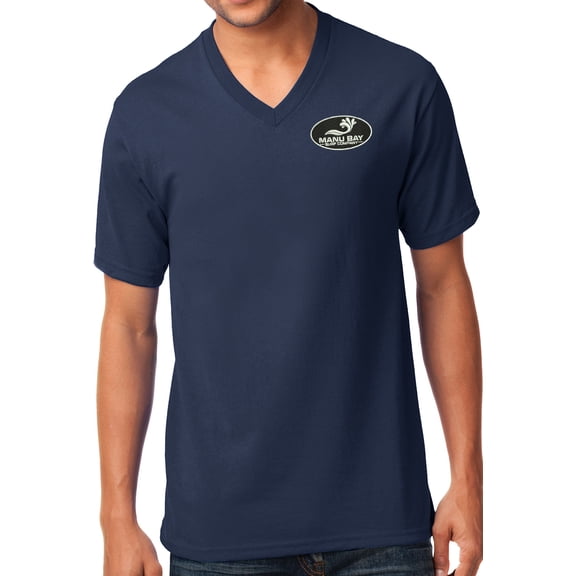 Manu Bay Surf Company LOGO Patch Men's V-neck Tee Shirt, Large Navy Blue