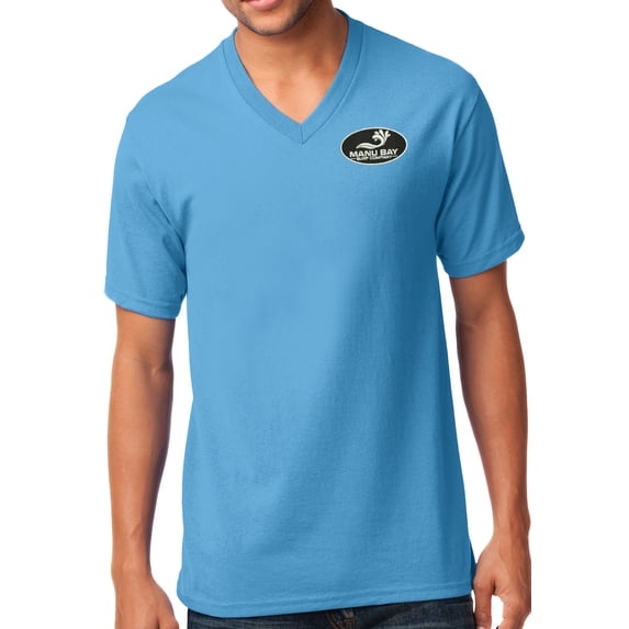 Manu Bay Surf Company LOGO Patch Men's V-neck Tee Shirt, Medium Aqua Blue