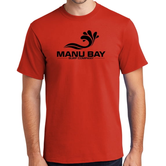 Manu Bay Surf Company Mens BLACK LOGO Surfer Cotton T-shirt, Medium Fiery Red