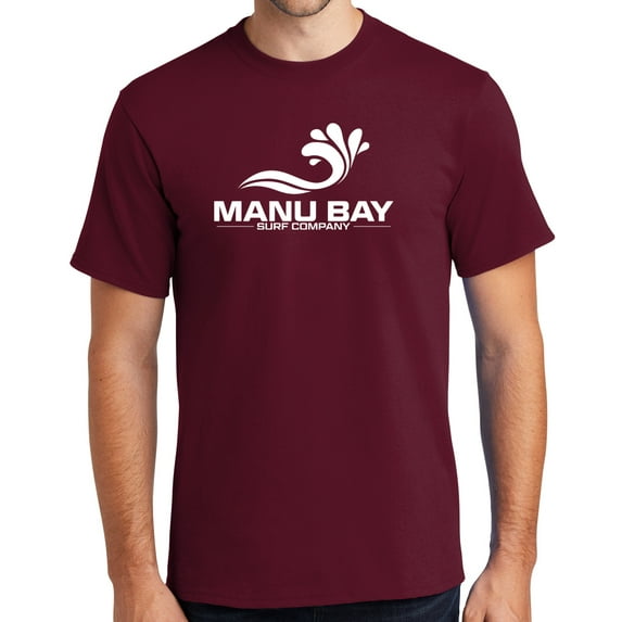 Manu Bay Surf Company Mens WHITE LOGO Surfer Cotton T-shirt, Large Cardinal Red