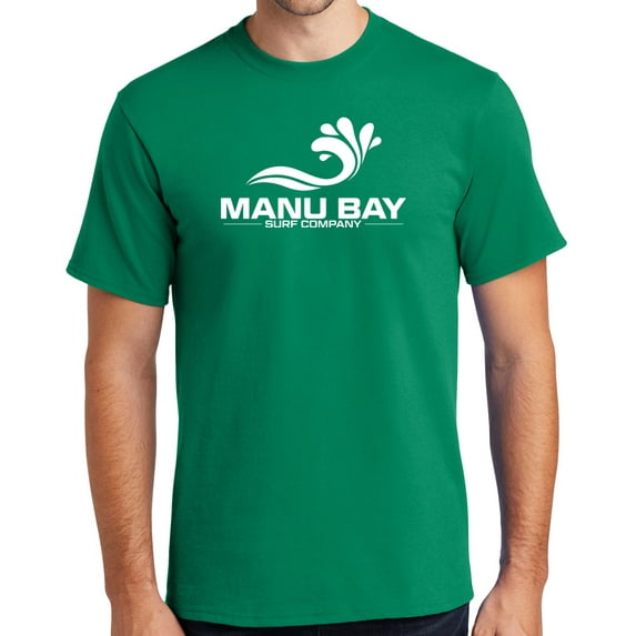 Manu Bay Surf Company Mens WHITE LOGO Surfer Cotton T-shirt, Large Kelly Green