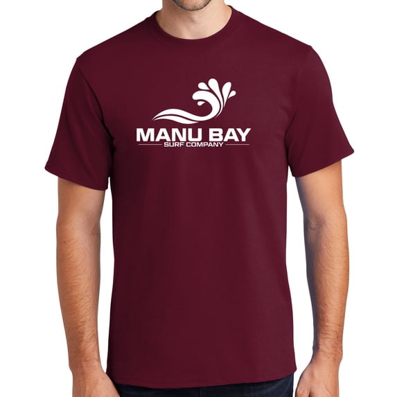Manu Bay Surf Company Mens WHITE LOGO Surfer Cotton T-shirt, Medium Cardinal Red