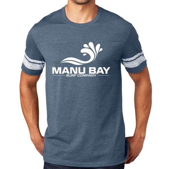 Manu Bay Surf Company WHITE LOGO Game Tee Shirt, Medium Heathered Navy/White