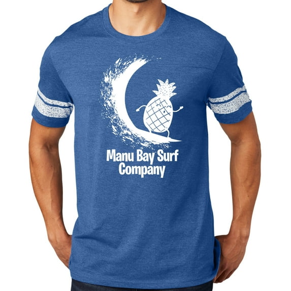Manu Bay Surf Company WHITE PINEAPPLE surfer Tee Shirt, Large Heathered Royal/White