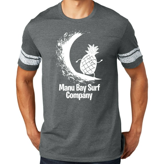 Manu Bay Surf Company WHITE PINEAPPLE surfer Tee Shirt, Medium Heathered Charcoal/White