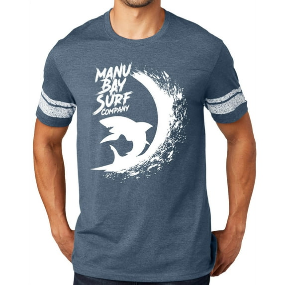Manu Bay Surf Company WHITE SHARK surfer Tee Shirt, Medium Heathered Navy/White