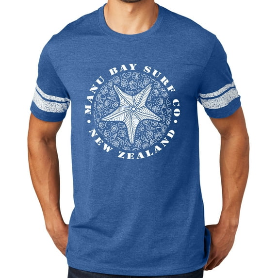 Manu Bay Surf Company WHITE STARFISH surfer Tee Shirt, 3XL Heathered Royal/White