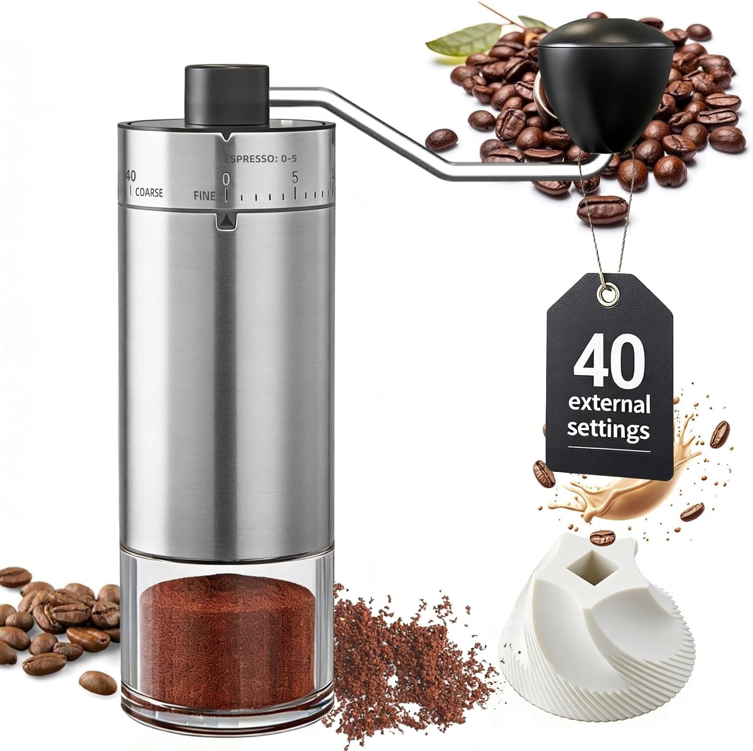 Manual 40 External Adjustable Settings, Ceramic Conical Burr Stainless Steel Hand Coffee Bean Grinder, Portable Coffee Mill for Espresso, Pour Over, French Press, Camping Travel