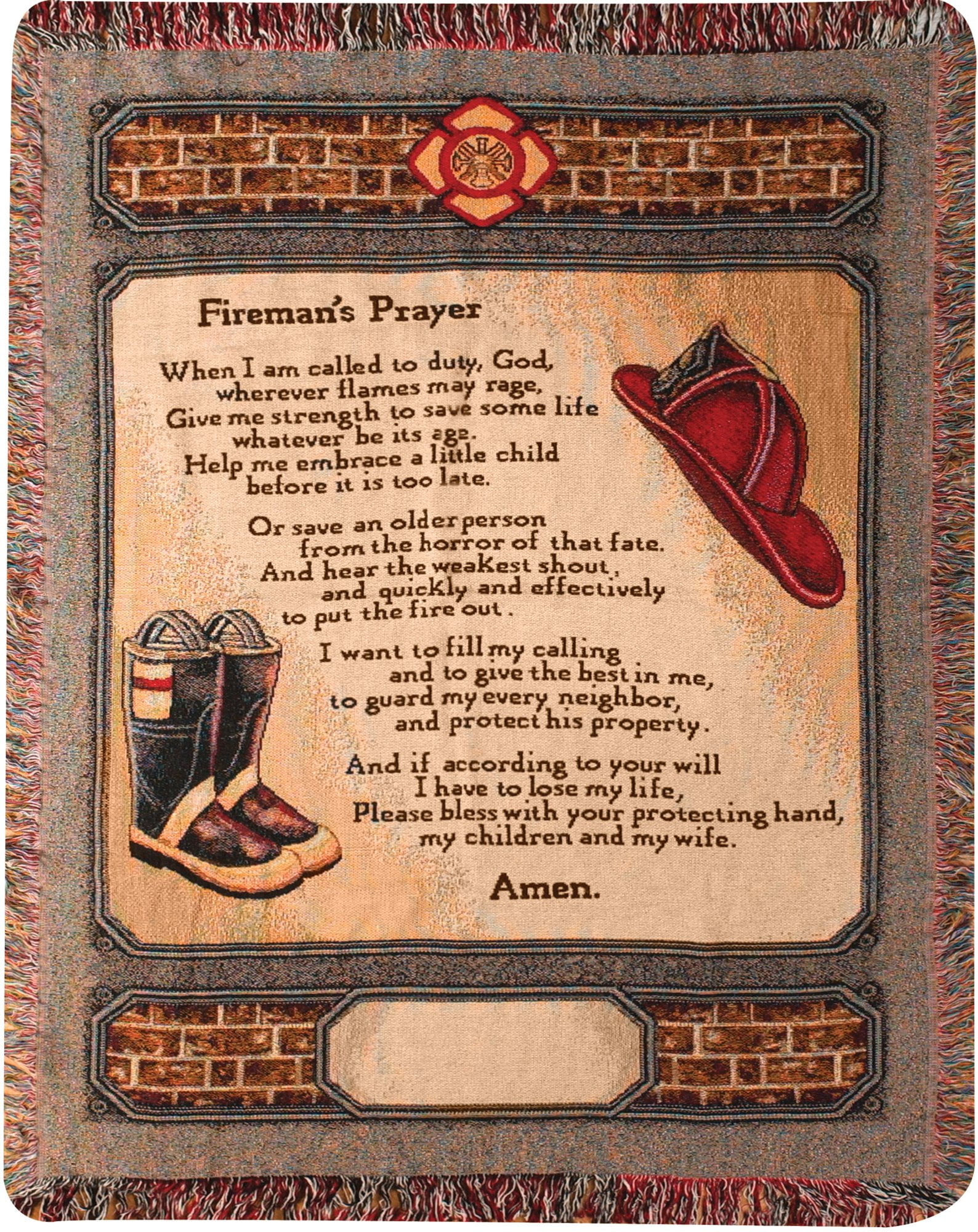 Patriotic Fireman's Prayer Cotton Tapestry Throw Blanket