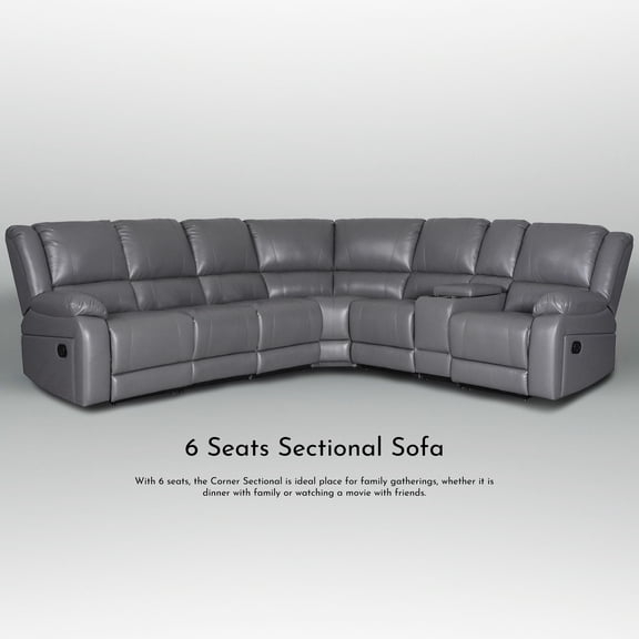 Ellesophas 6-Seat PU Leather Reclining Sectional Sofa Set with Footrest, Storage Console & 2 Cup Holders, Perfect for Living Room & Home Theater, Gray