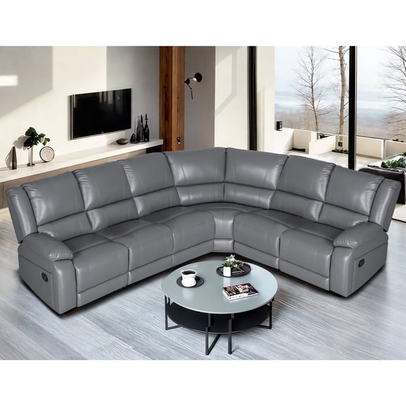 Ellesophas 6-Seat PU Leather Reclining Sectional Sofa Set with Footrest, Wide Padded Armrests, Removable Backrest, Perfect for Living Room & Home Theater, Gray