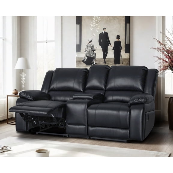 Ellesophas 2-Seat PU Leather Manual Living Room Loveseat Adult with Footrest, Storage Console & 2 Cup Holders, Perfect for Living Room & Home Theater,Black