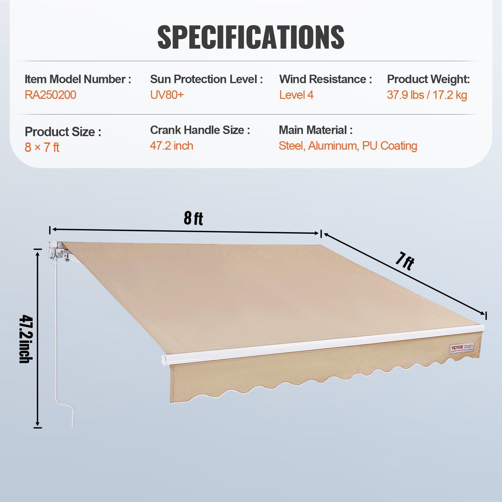 Manual 8' x 7' Retractable Awning for Patio, Sun Shelter with Crank Handle - Water-Resistant Polyester Shade for Backyard & Windows