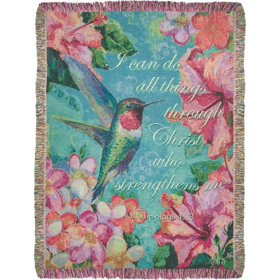 Manual Weavers Rectangular Cotton Tapestry Throw Blanket with Hummingbird Hibiscus with Verse Design