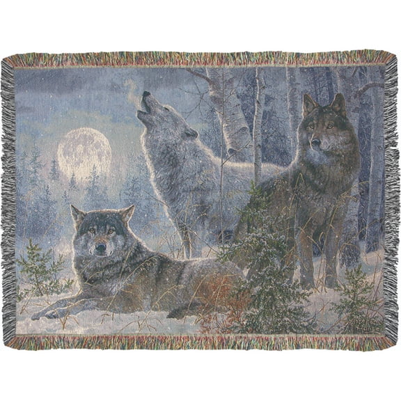 Manual Weavers Rectangular Cotton Tapestry Throw Blanket with Winter Moonrise Design 50" x 60"