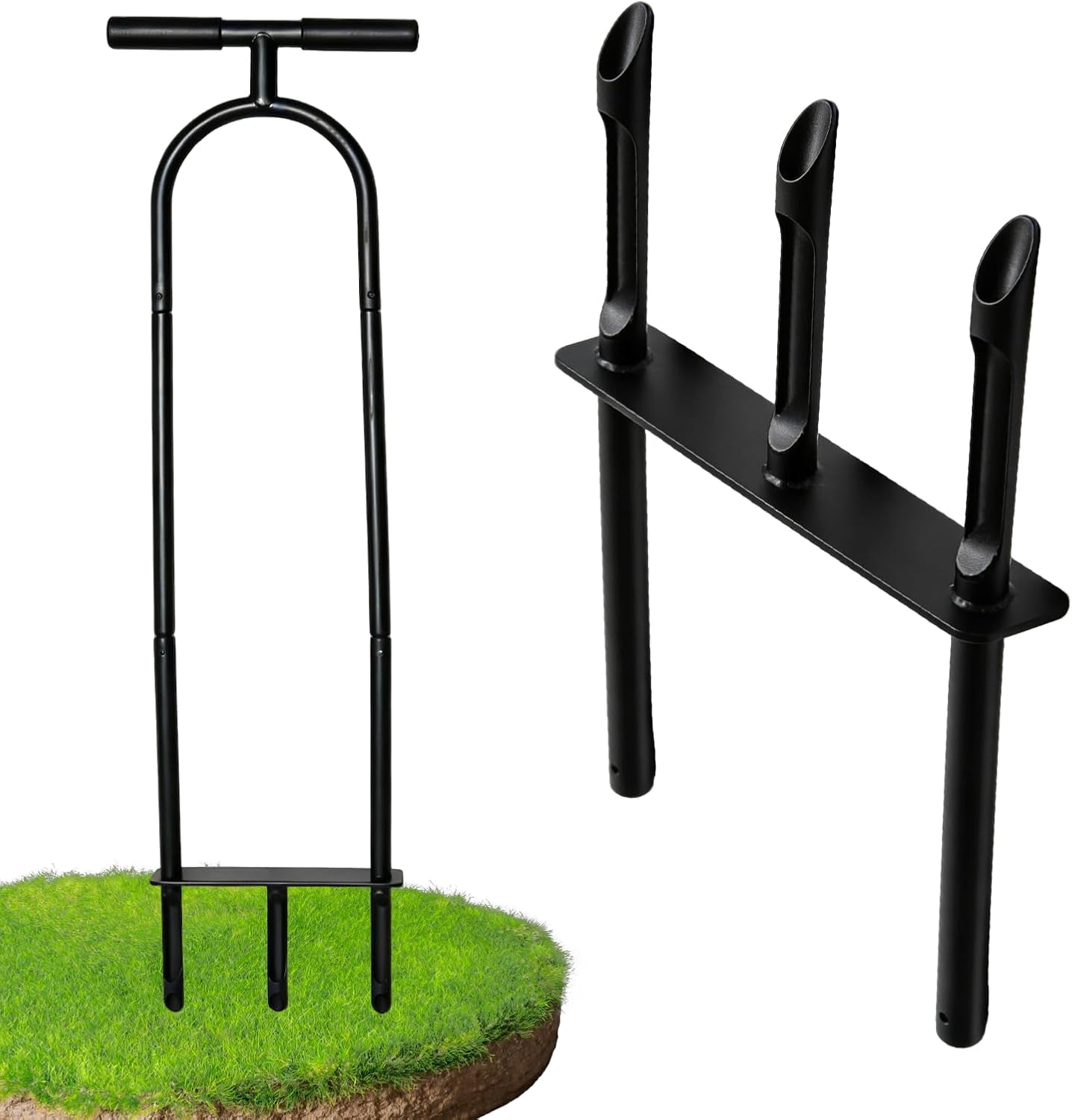 Manual Aerator Lawn Tool – Knee-Friendly Core for Gardeners with Knee Pain, 3 Hollow Tines Yard Aeration, Removes Grass Plugs & Loosens Soil to Promote Health Black