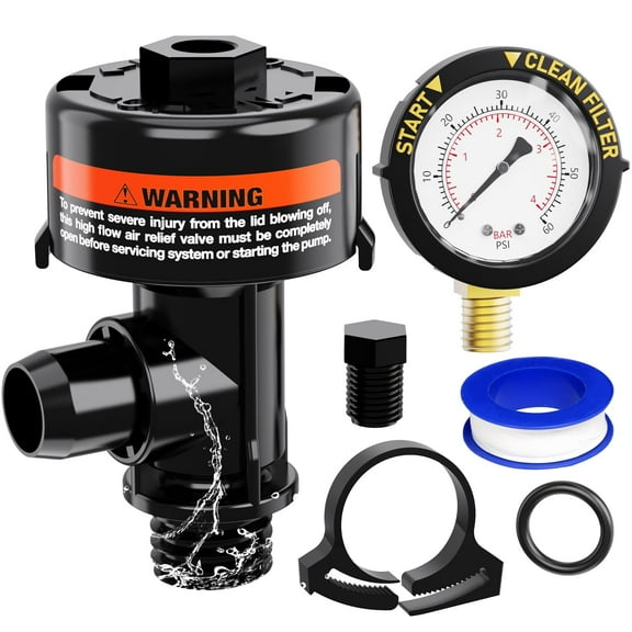 Manual Air Relief Valve for Swimming Pool Pump and Spa, Pool Filter Air Relief Valve with Pressure Gauge Replacement, Includes Gauge Plug, Pressure Gauge, O-Rings, Clips