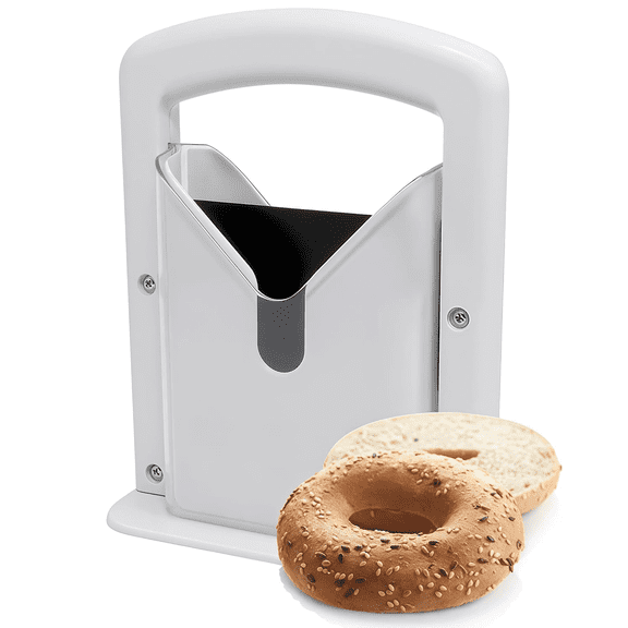 Prichor Manual Bagel Guillotine Slicer with Safety Shield, Stainless Steel Blade Non-Slip Base for Perfect Slicing, White