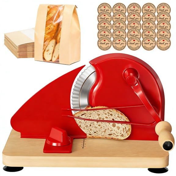 Manual Bread Slicer for Homemade Sourdough Bread with 30Pcs Bread Bags, Adjustable Thickness, Hand Crank Bread Slicer with Scale Line and Suction Cup, Serrated Blade Design, Red