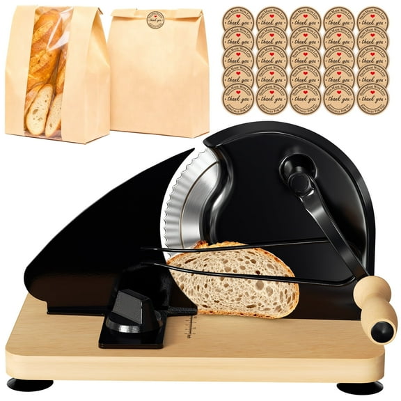 Manual Bread Slicer for Homemade Sourdough Bread with 30Pcs Bread Bags, Adjustable Thickness, Hand Crank Bread Slicer with Scale Line and Suction Cup, Serrated Blade Design, Black