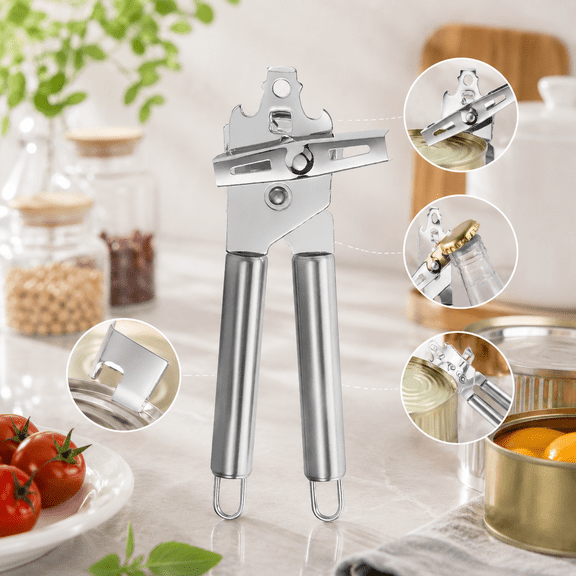 Manual Can Opener, Heavy Duty Steel Tin Opener with Built-in Beer Bottle Opener, Smooth Edge Cutting Kitchen Tool, Gray