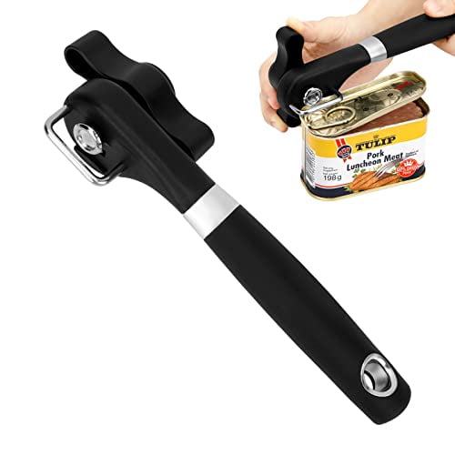 Manual Can Opener Smooth Edge,Safety Hand Can Opener Side Cut,Black Portable Travel Camping Can Opener,Stainless Steel Hidden Blade and Long Rubber Handle,Non Rust