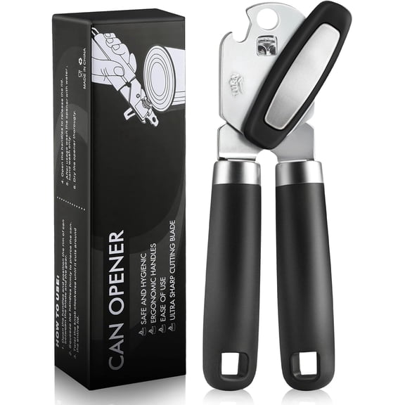 Manual Can Opener, Stainless Steel Smooth Edge Design with Soft Grip Handle, Large Easy-Turn Knob, Built-In Bottle Opener, Handheld Kitchen Tool, Black