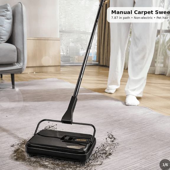 Manual Carpet Sweeper with 300ml Dustbin, Non-Electric Floor Cleaner for Pet Hair