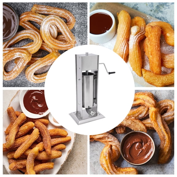 Manual Churros Maker Machine  1.32 Gal Stainless Steel Vertical Churro Extruder with 6 Interchangeable Nozzles, Hand Crank Operation for Home Bakeries, Restaurants, Food Trucks  Spanish Donut Maker
