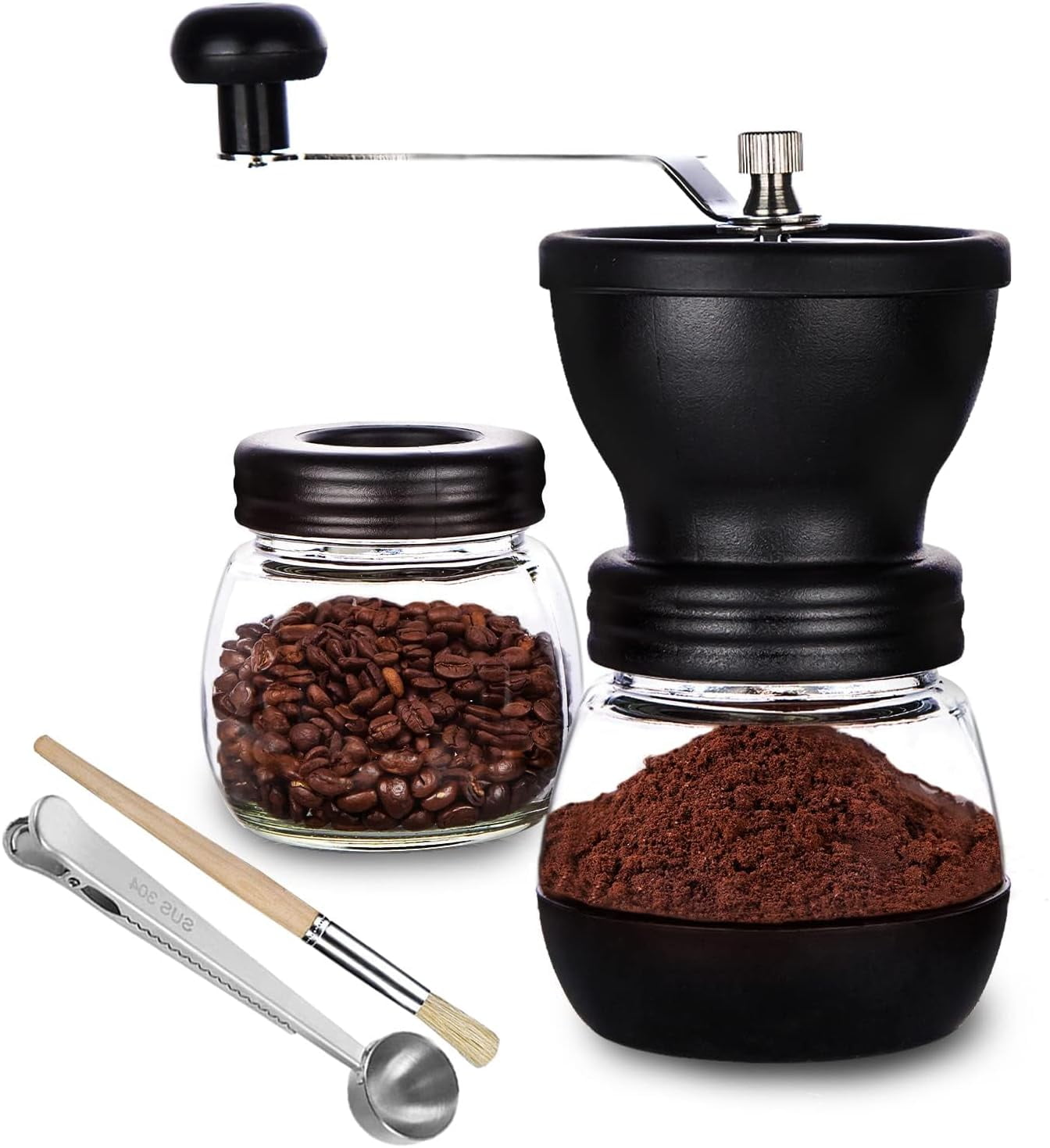 Manual Coffee Bean Grinder with Ceramic Burr, Hand Coffee Grinder Mill Small with 2 Glass Jars( 11OZ per Jar) Stainless Steel Handle for Drip Coffee, Espresso, French Press, Turkish Brew