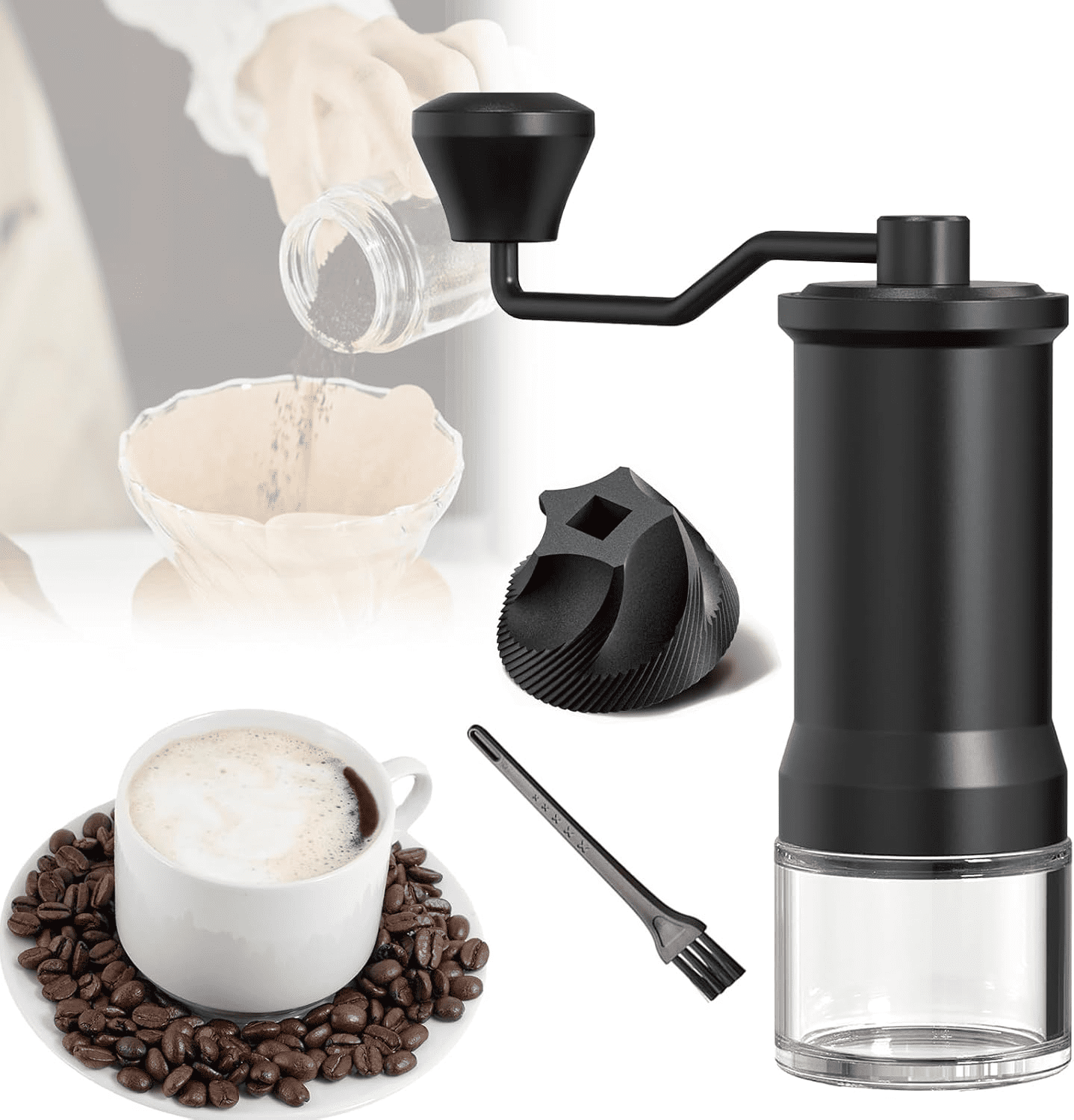 Manual Coffee Grinder, Ceramics Conical Burr Coffee Grinder, Adjustable Fine/Coarse Grind, Coffee Bean Grinder, Visible Powder Glass Compartment, Portable Handheld Grinder for Coffee Lovers