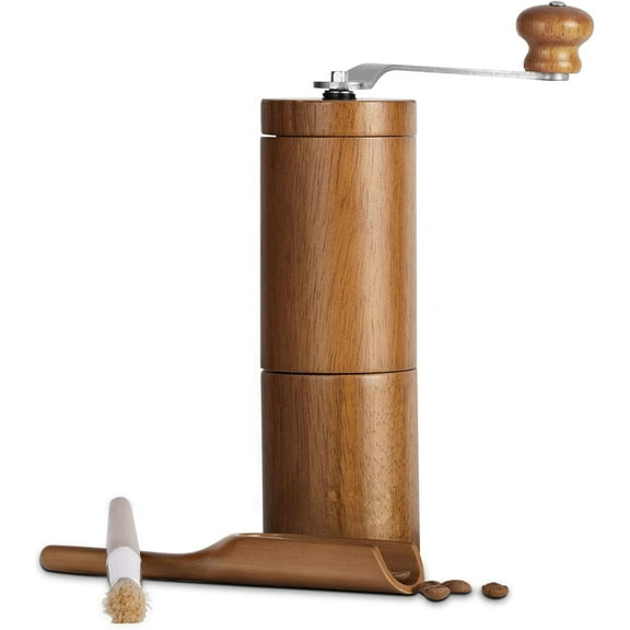 Manual Coffee Grinder, Coffee Bean Grinder with Adjustable Ceramic Burr, Vintage Style Wooden Hand Coffee Grinder, Portable Burr Coffee Grinder with Brush and Spoon （JX2022-CG10）