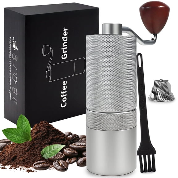 Manual Coffee Grinder Gift Box Detachable Stainless Steel Conical Burr Aluminum Coffee Bean Grinder with 25 Grinding Settings Cleaning Brush Grindable Espresso Moka Pot for Camping Silver