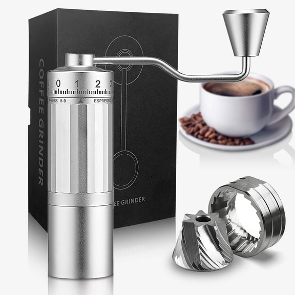 Portable Hand Coffee Grinder LHKLUK, 0.02mm External Adjustment, 7-Star Conical Stainless Steel Burrs, Aluminum Alloy Body, for Home, Travel & Office
