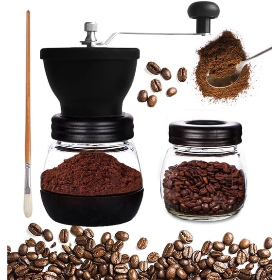 Manual Coffee Grinder, Spice Grinder Manual, Glass Jars, Ceramic Burr, Adjustable Grind, Easy to Clean, Portable Compact Design, 3 Piece Set, Stainless Steel