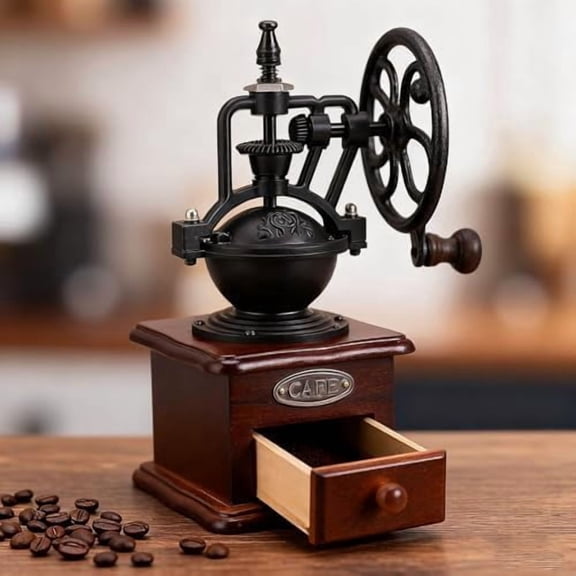 Manual Ferris Wheel Shaped Wooden Coffee Grinder, Hand Crank, Black