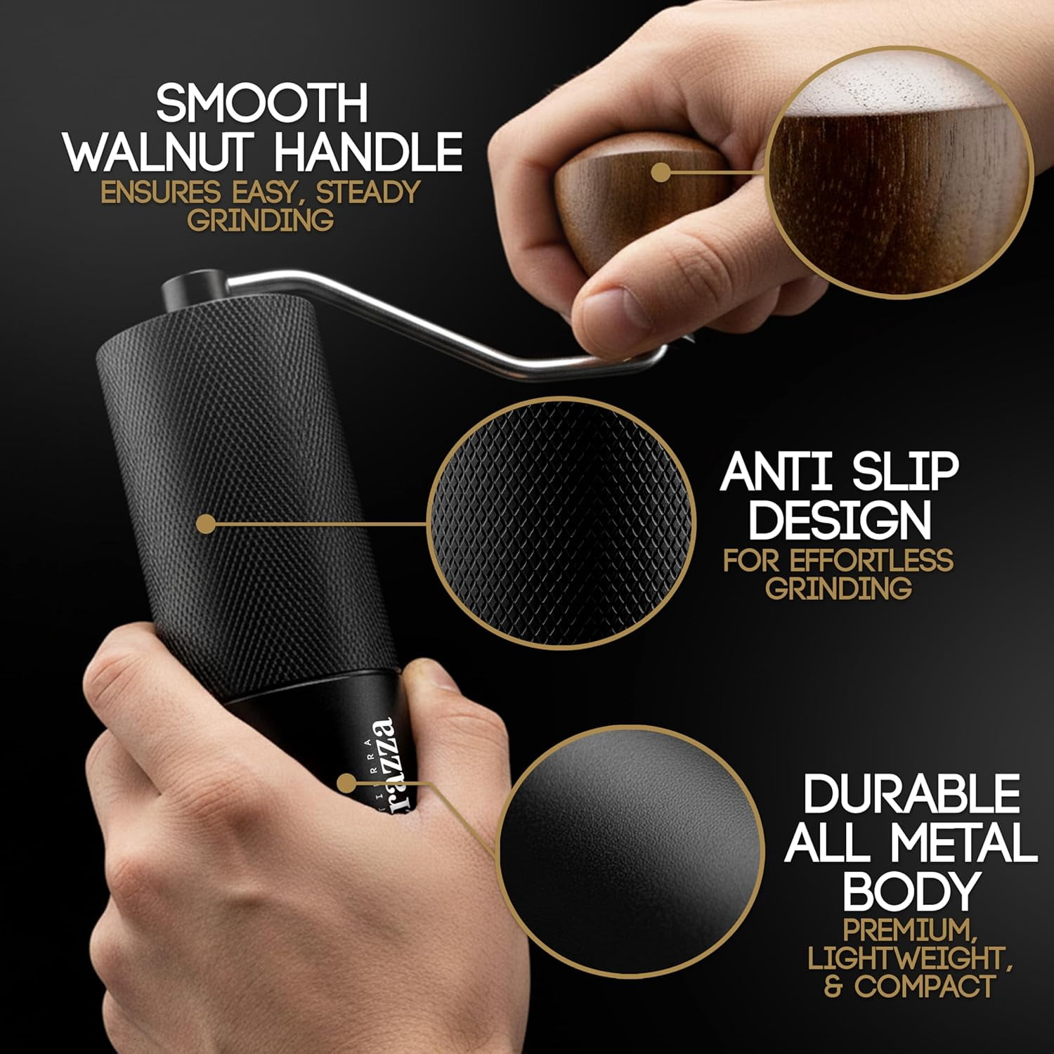 Manual Coffee Grinder with Conical Burr & Walnut Handle for Espresso French Press Travel Camping